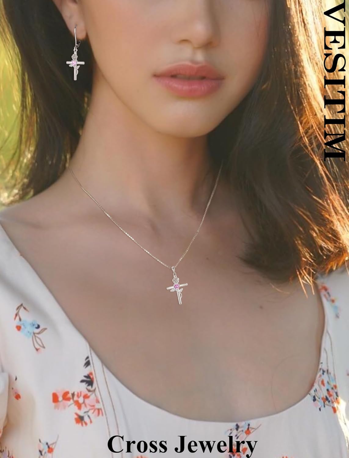 Sterling Silver Cross Earrings Rose Flower Dangle Earring Faith Religious Birthstone Jewelry for Women
