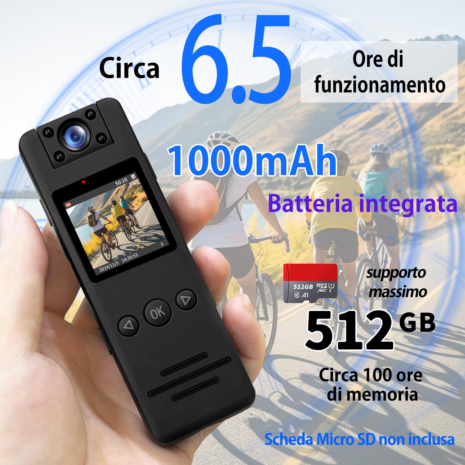 TANGMI Videocamera Body, Obiettivo Rotante a 180° con Video e Audio Body Cam, HD 1080P Grandangolo a 120°, Visione Notturna Rilevamento del Movimento Bodycam con Attacco a Dado da 1/4” per Biciclette