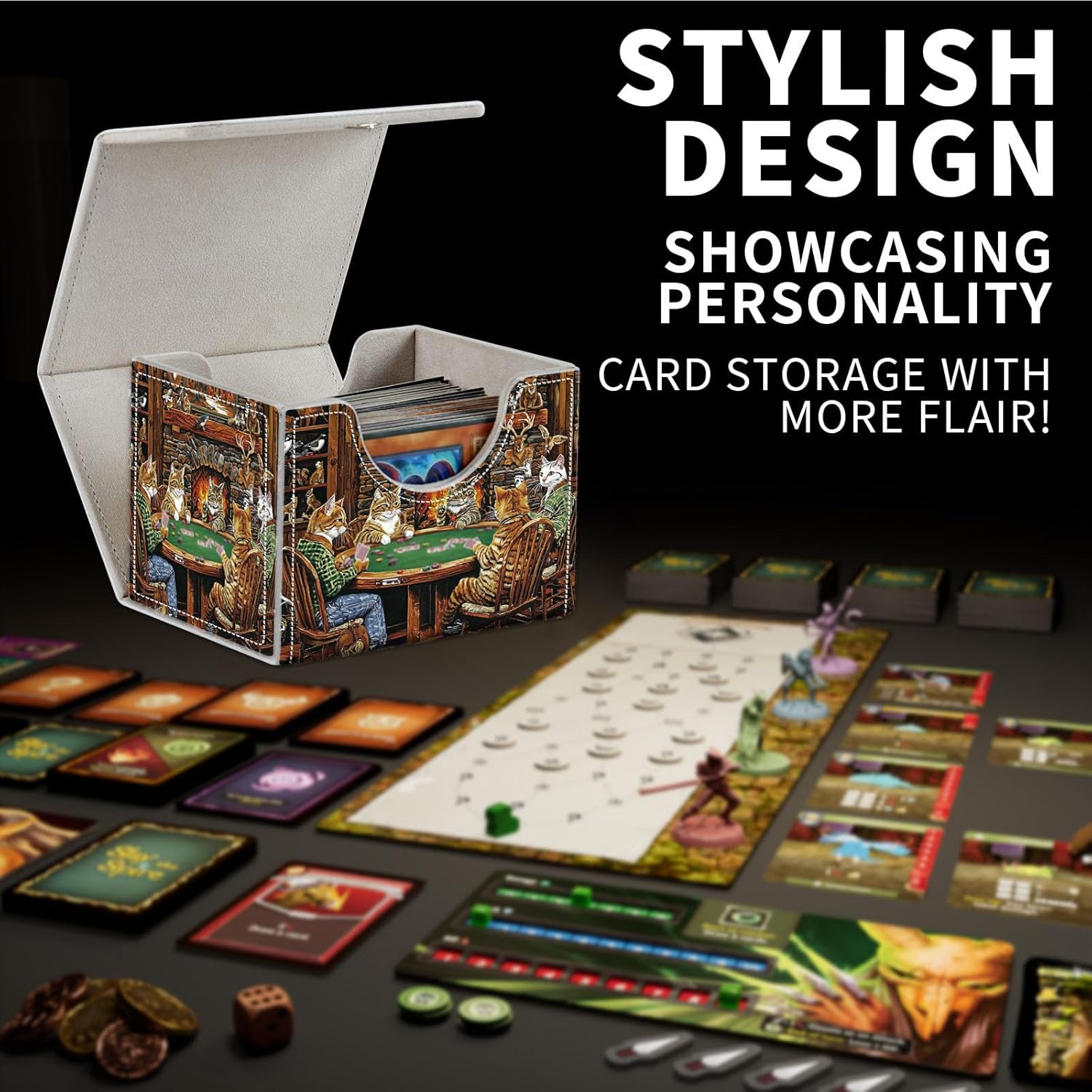 MTG Card Storage Solution - Card Box and Commander Decks, High Capacity Anime Card Sleeves for Deck Box, Group of Cats Playing Poker