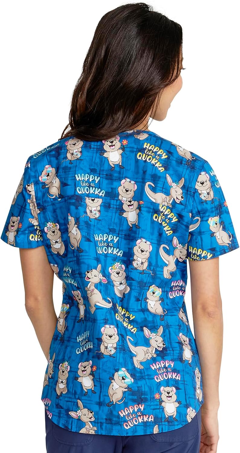 Cherokee Scrubs for Women V-Neck Printed Scrub Top Modern Classic Fit with 3 Pockets, Shaping Darts & Side Vents - CK664