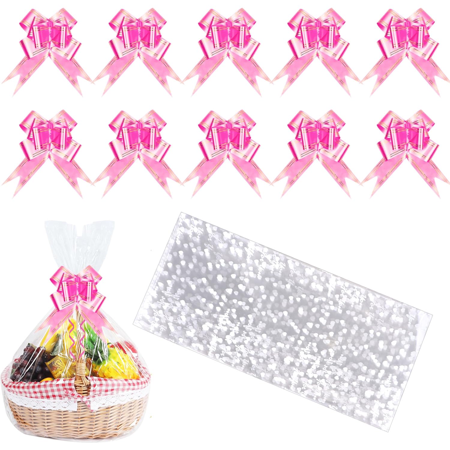 Arcjunys Hamper Cellophane Wrap 13.7 x 19.6 Inches - Clear Bags for Gift Wrapping, Hampers With Pull Bows - 10 Pcs