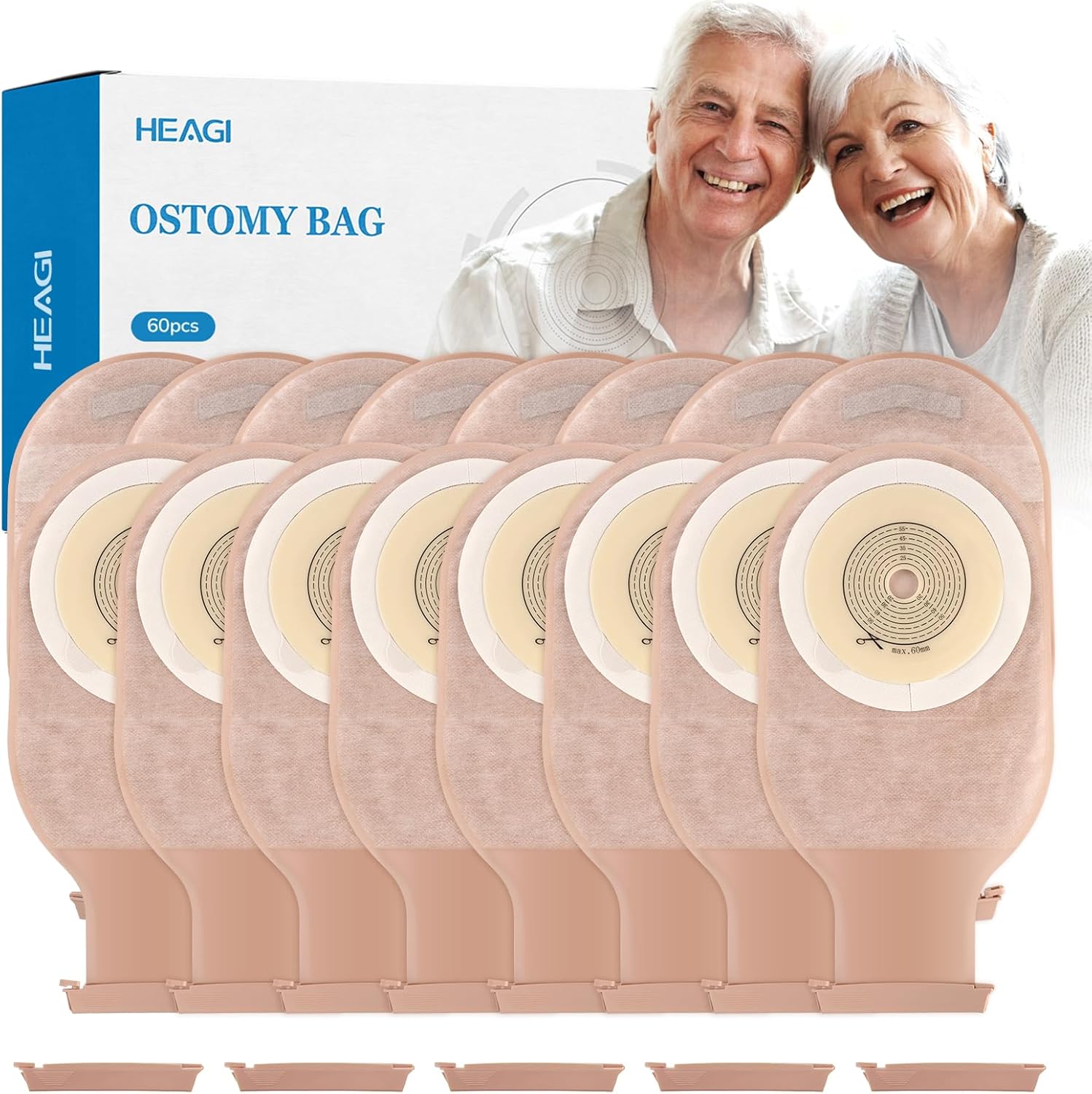 60 Pack Colostomy Bags Ostomy Supplies, One Piece Ostomy Colostomy Bags with Clamp Closure for Ileostomy Stoma Care, Cut-to-Fit, 60 mm Max