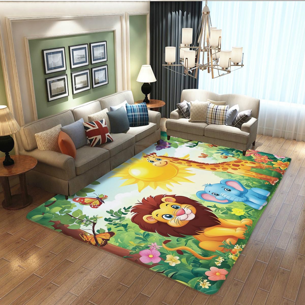 Children's Play Area Rugs, Cute Animal Lion Giraffe Elephant Carpet Game Mat, Children's Non-Slip Washable Cartoon Animal Rug, Suitable for Living Room Bedroom Study Nursery Dormitory 40x60inch