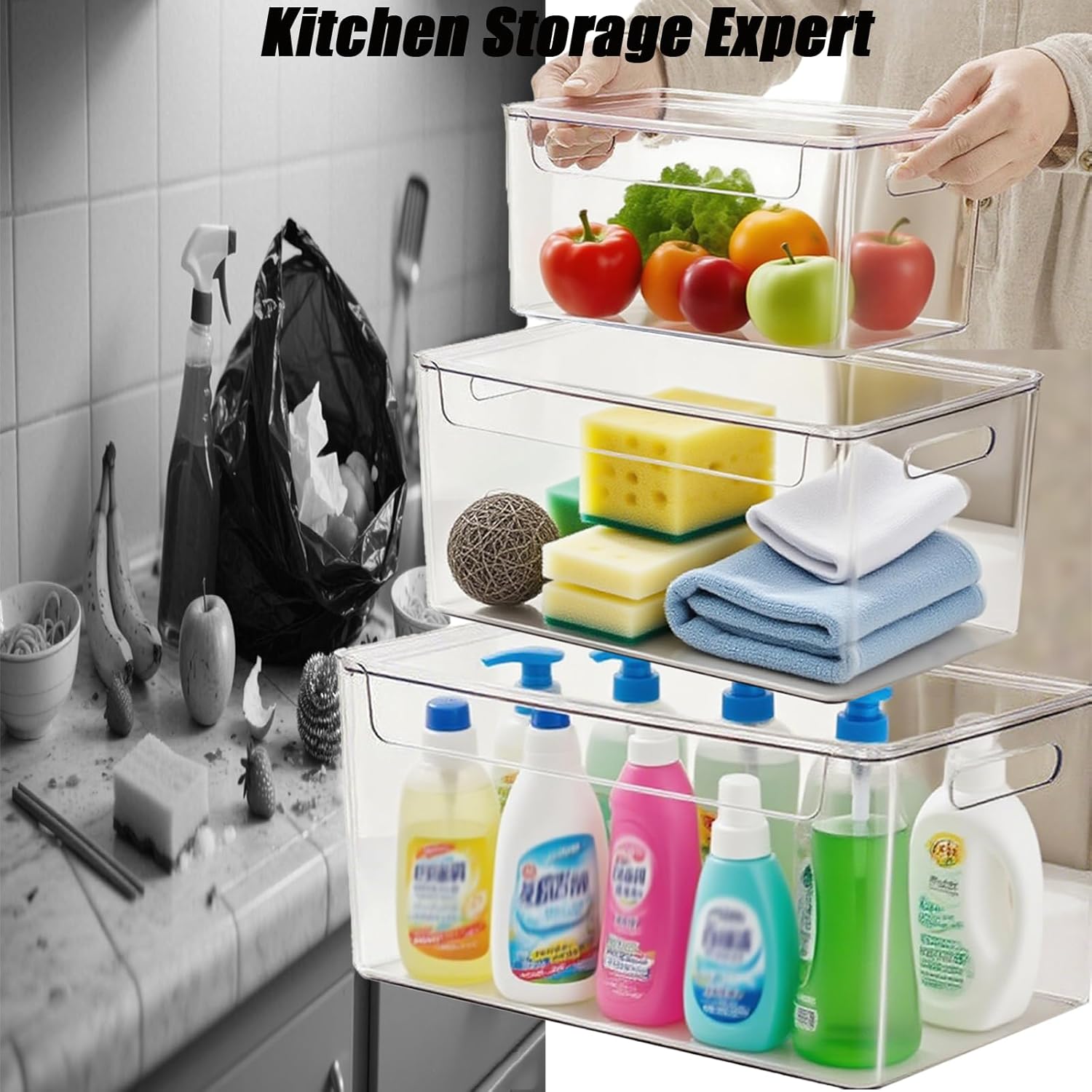 3 Pack Trash Bag Organizer Under Sink, Stackable Plastic Garbage Bags Holder with Lid, Trash Bag Dispenser Roll Storage for Kitchen, Pantry & Laundry Room Organization - Image 6