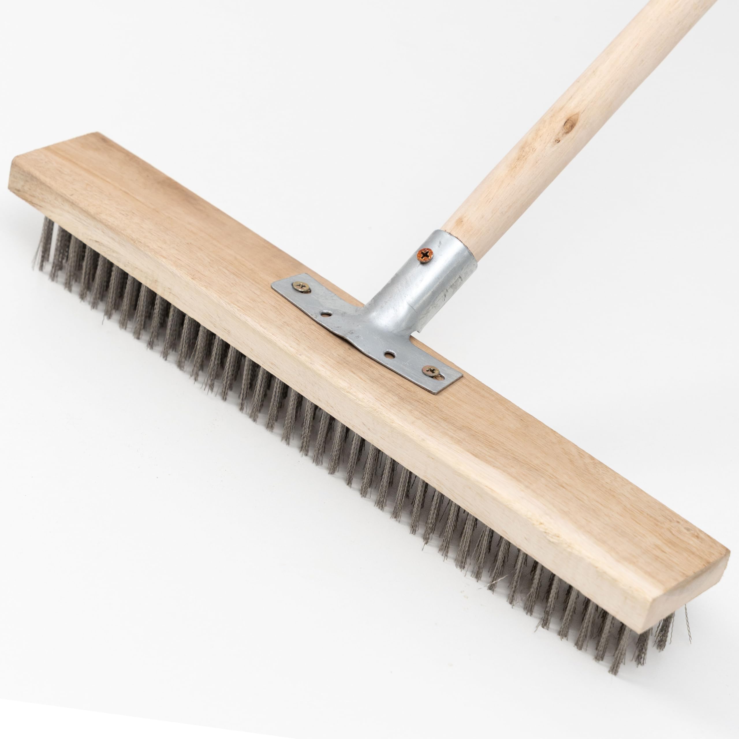 Stainless Steel Deck Scrub Brush Broom with Long Handle -Scrubber Brush with Pole, Stiff Metal Bristle Brush for Removing Weed Moss Outdoor Floor Scrub Brush for Patio, Deck, Garden