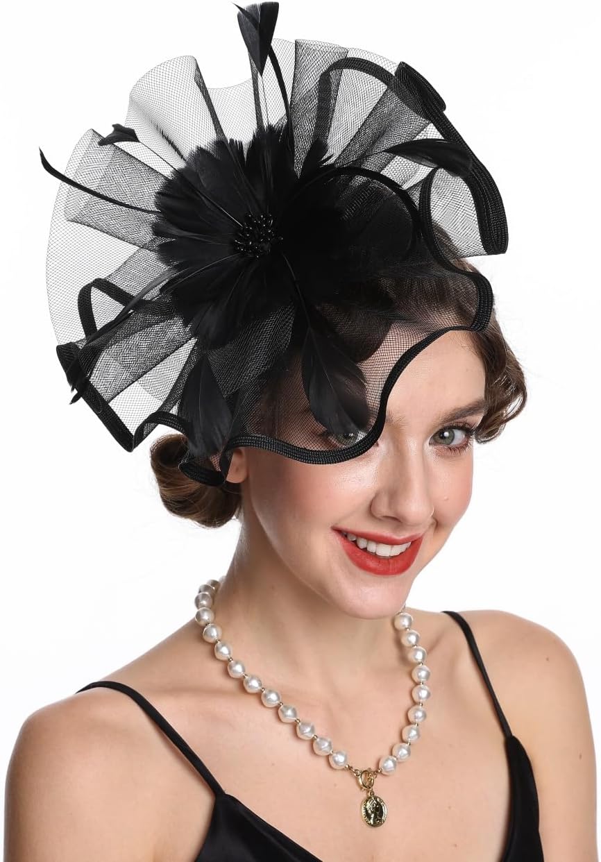 Fascinator Hat Feather Mesh Net Veil Party Hat Ascot Hats Flower Derby Hat with Clip and Hairband for Women