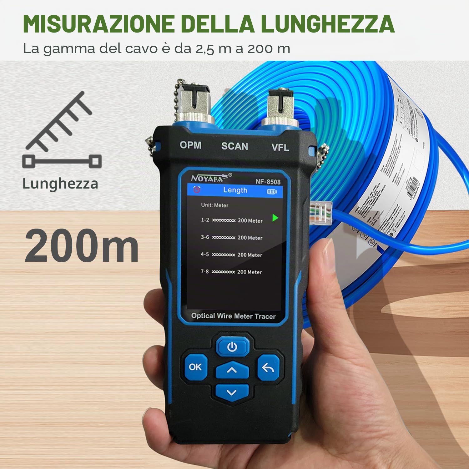 NOYAFA NF-8508 Tester per Cavi di Rete con Misuratore di Potenza Ottica, VFL e Localizzatore di Fili, Tester per Cavi Ethernet CAT5/CAT6, Rete RJ45 e PoE