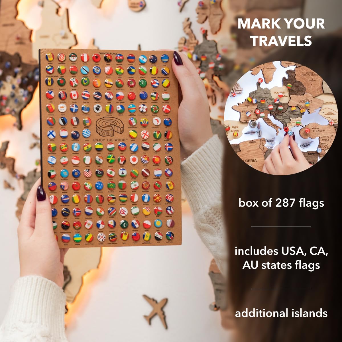 Enjoy The Wood 3D-Holz-Weltkarte, LED 3.0, Wandkunst, moderne Wohnkultur, Geschenke, LED-Beleuchtung, Wanddekoration, Einweihungsgeschenk