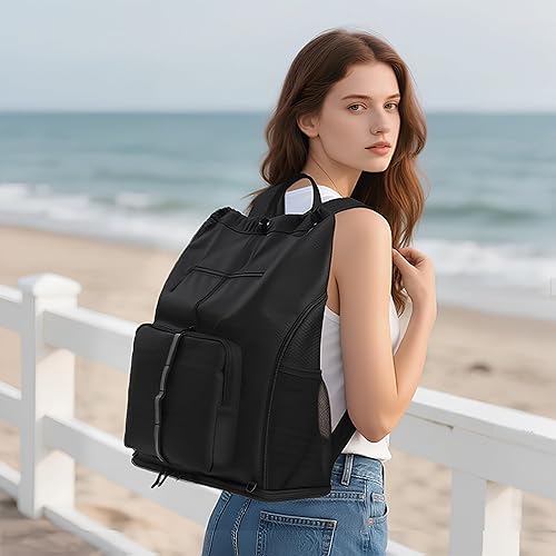 Miniatura 8 de GEMIU Mochila con cordón, bolsa de gimnasio deportiva con compartimento para zapatos, mochila de playa resistente al agua, Negro -, Grande, Mochila