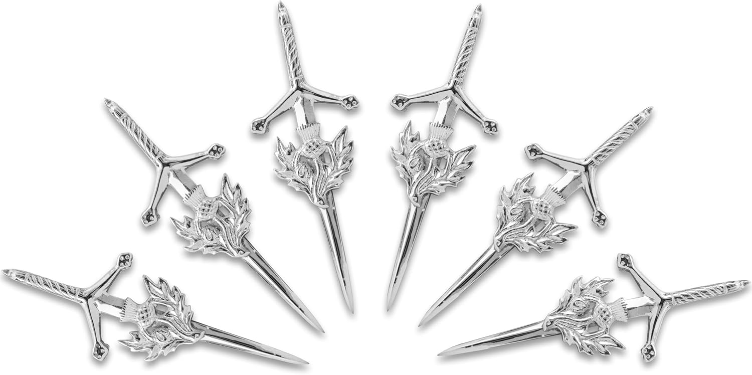 DSS KILTS Scottish Kilt Pins – Pack of 6 Highland Brooches for Men – Thistle, Celtic, Clan Designs with Locking Back