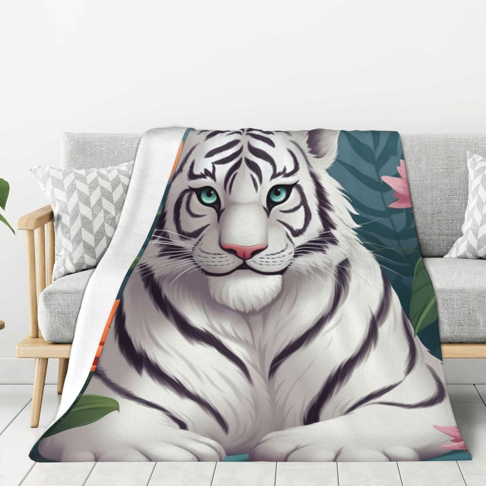 Cute White Tiger Throw Blanket Plush Flannel Fleece Blanket, Soft Lightweight Cozy Blankets 50"X40" for Bed Couch Sofa Travel