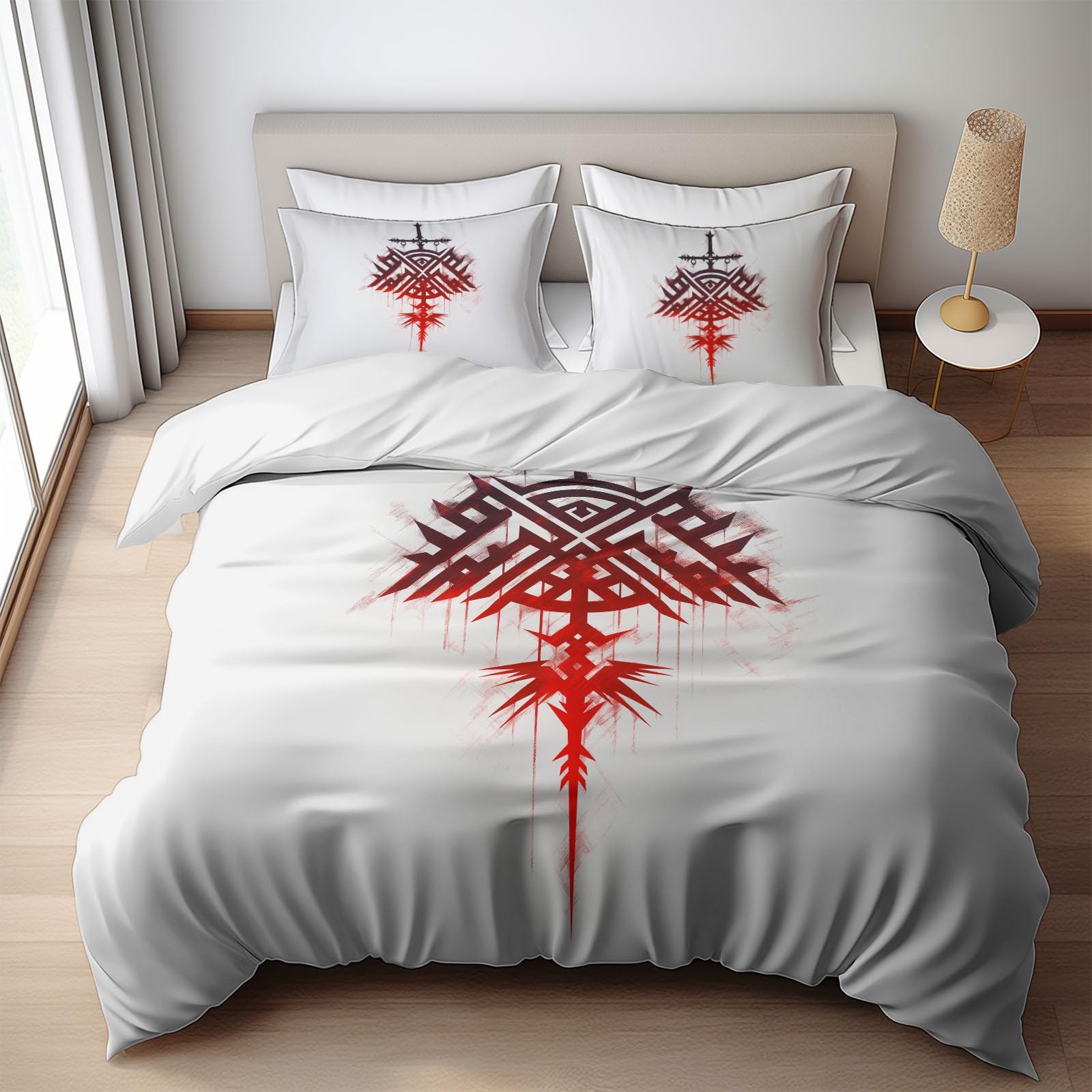 Copripiumino Matrimoniale 200 x 200 cm Logo Runico Vichingo Semplice Biancheria da Letto, 100% Microfibra 3 Pezzi con 2 Federa(50x80CM) Chiusura a Cerniera per Ragazzi e Ragazze, Bianco