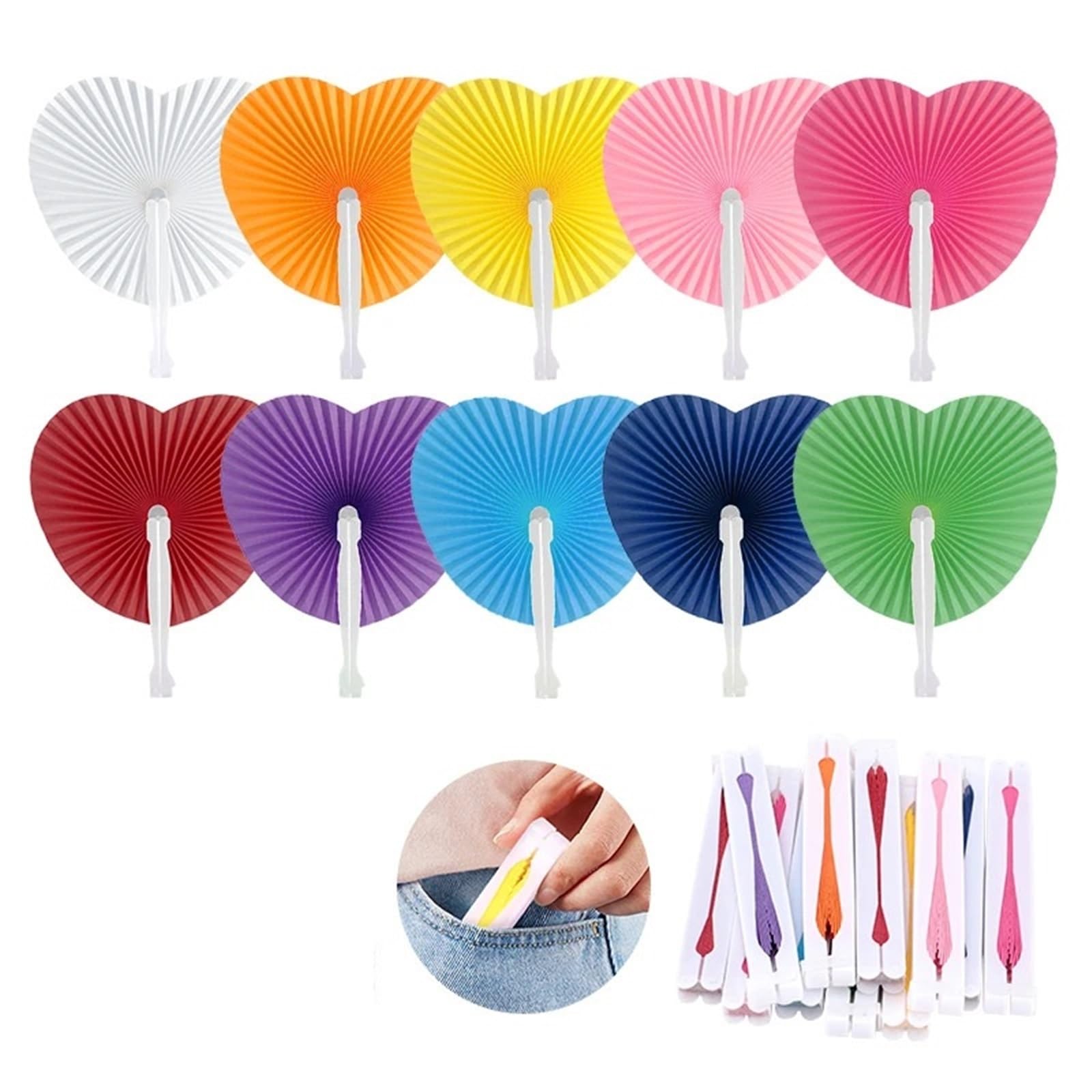 Fächer für Hochzeitsgäste, 100 Stück, weiße Herzform, Faltfächer aus farbigem Papier, Kunststoffgriff, Handfächer für Hochzeit, Geburtstag, Party, Gastgeschenke, Taschenfüller (zufällige Farbauswahl)