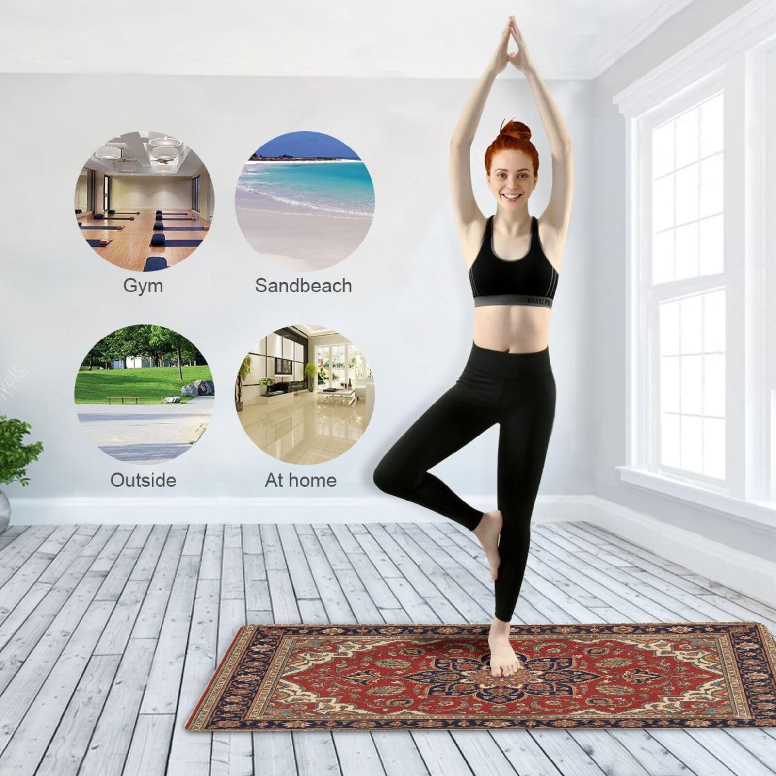 Kigai Tapis de yoga rouge motif persan tapis de fitness respectueux de l'environnement antidérapant portable pliable tapis d'entraînement au sol pour pilates maison gym exercice plage 179,8 x 66 cm