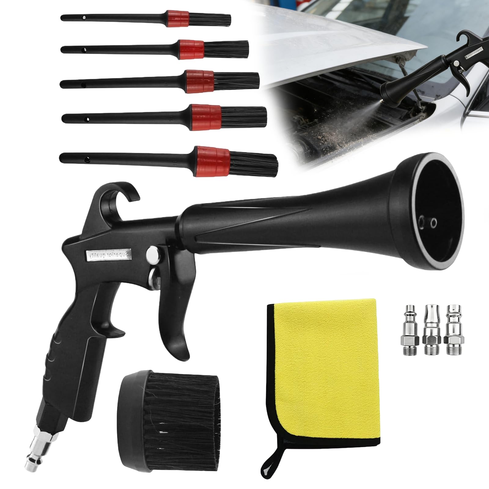 Pistolet de nettoyage voiture avec 5 brosses de précision et adaptateurs