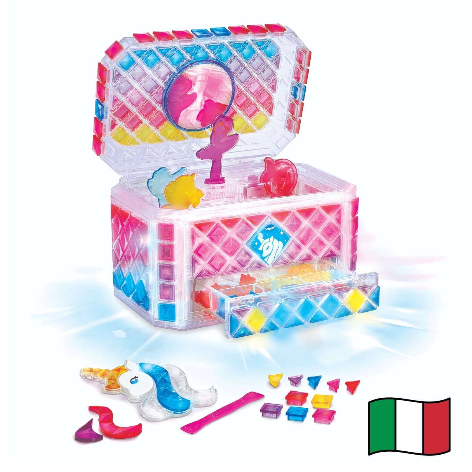 VTech Mosaic Magic Lights – Coffre à Bijoux Lumineux Enfant – Mosaïque Personnalisable – 200 Carreaux + 4 Figurines – Mélodies Relaxantes – Italien