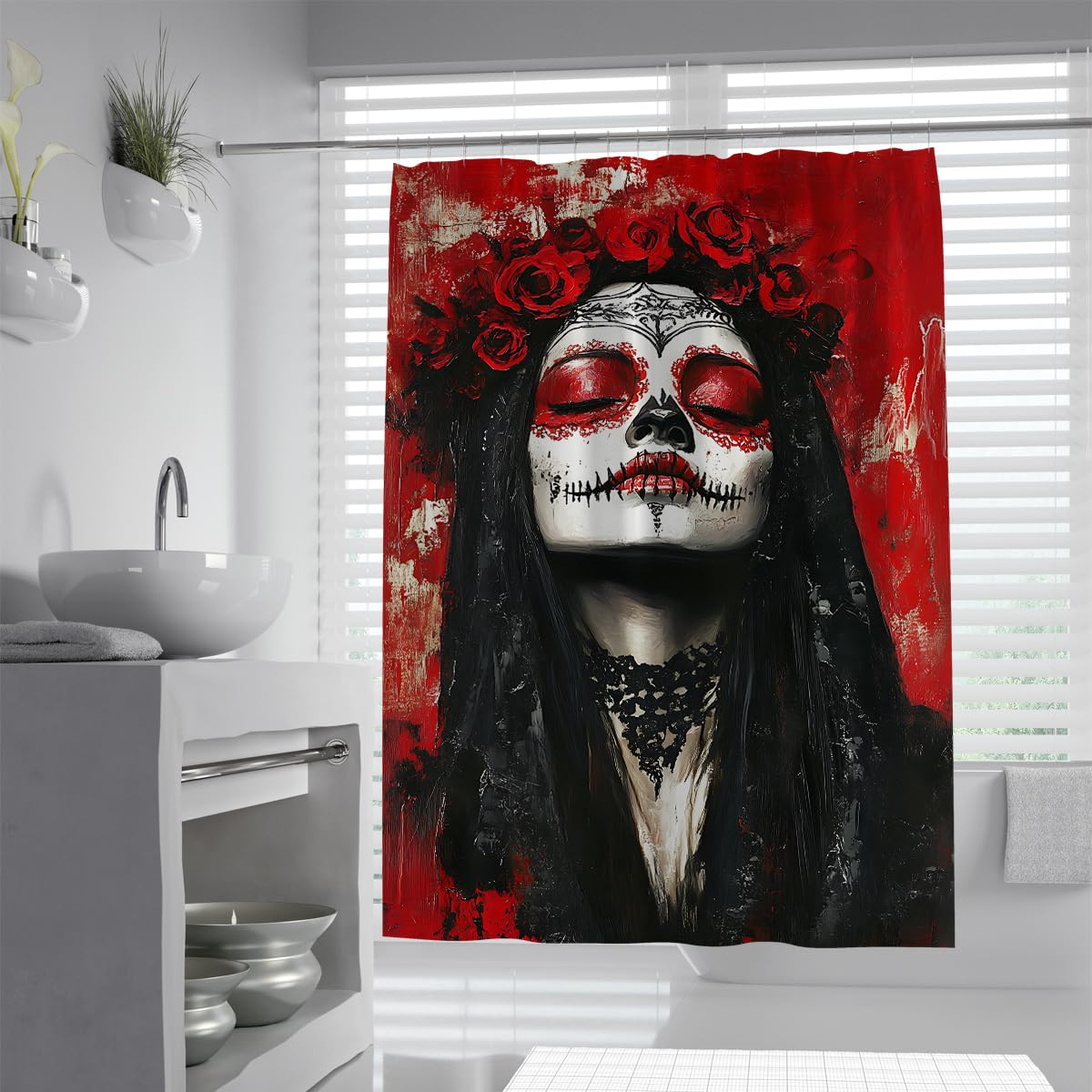 Tende Doccia Donna Rosso Nero Rosa Gotica Day of The Dead 200x200cm