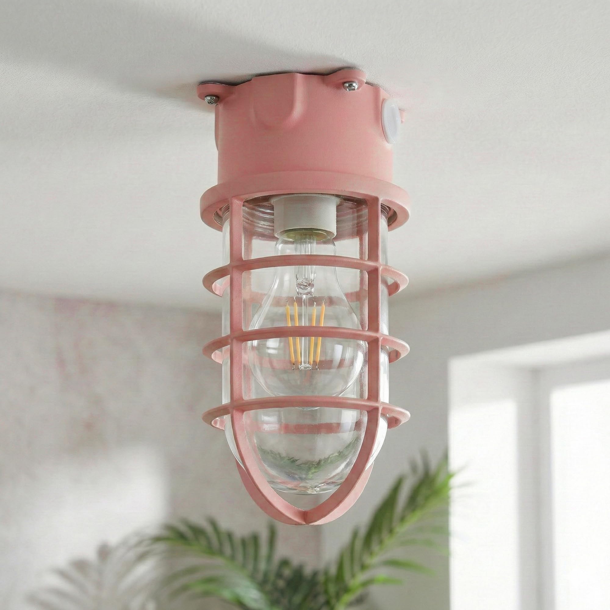 Pink Nautical Bulkhead Ceiling Light with Metal Cage & Clear Glass E27 — image 1