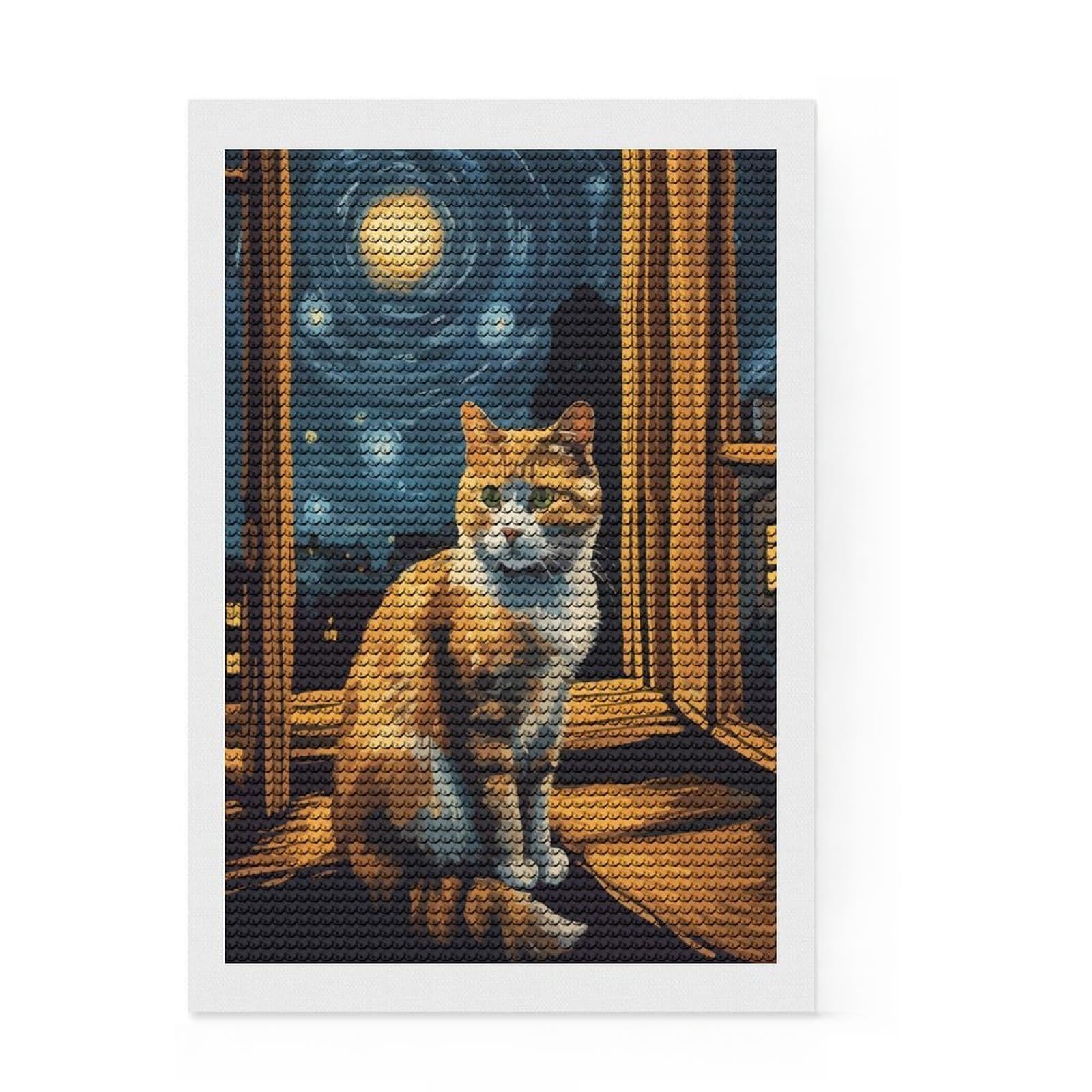Junmoney Starry Night Cat Diamond Painting Set 8"x12", for Creative Relaxation, Boho Decor, Nice Detail and Sparkle, Thoughtful Handmade Gift