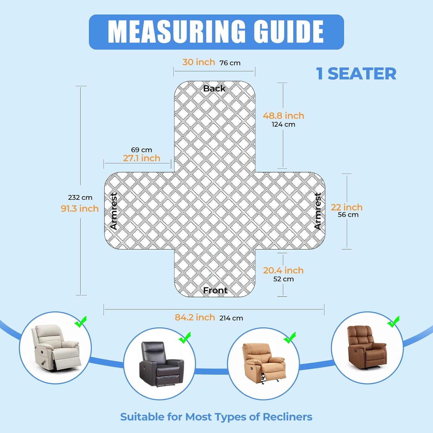 Songrey Waterproof Recliner Chair Covers, Non-Slip Chair Covers with Pocket, Elastic Straps, Washable Recliner Cover for Kids, Pets, Furniture Protector(Dark Gray, 30")