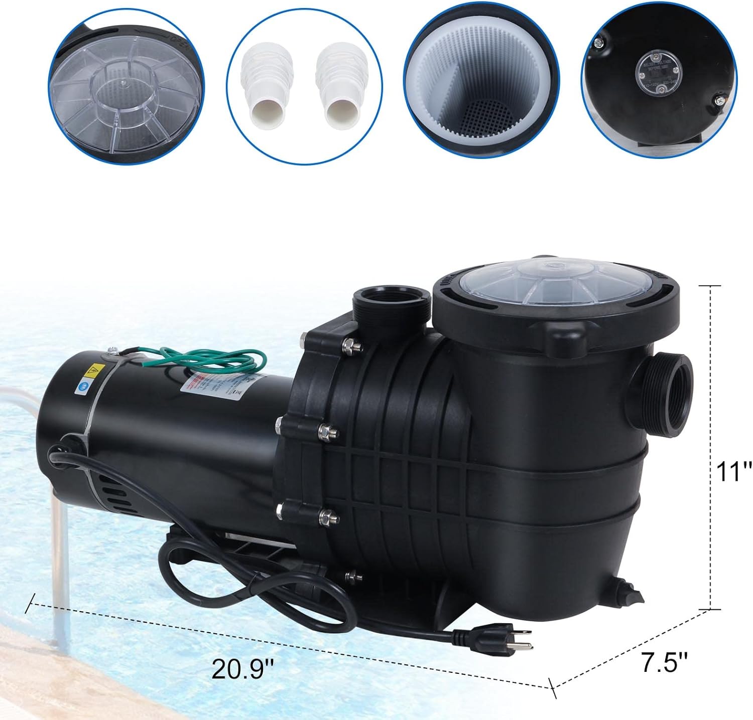 Inground and Above Ground Pool Pump, Dual Volt 110-120V/220-240V,2HP, Powerful Self Priming, UL Certificated Swimming Spa Pool Pumps with Strainer Cord High-Performance Motor, Black