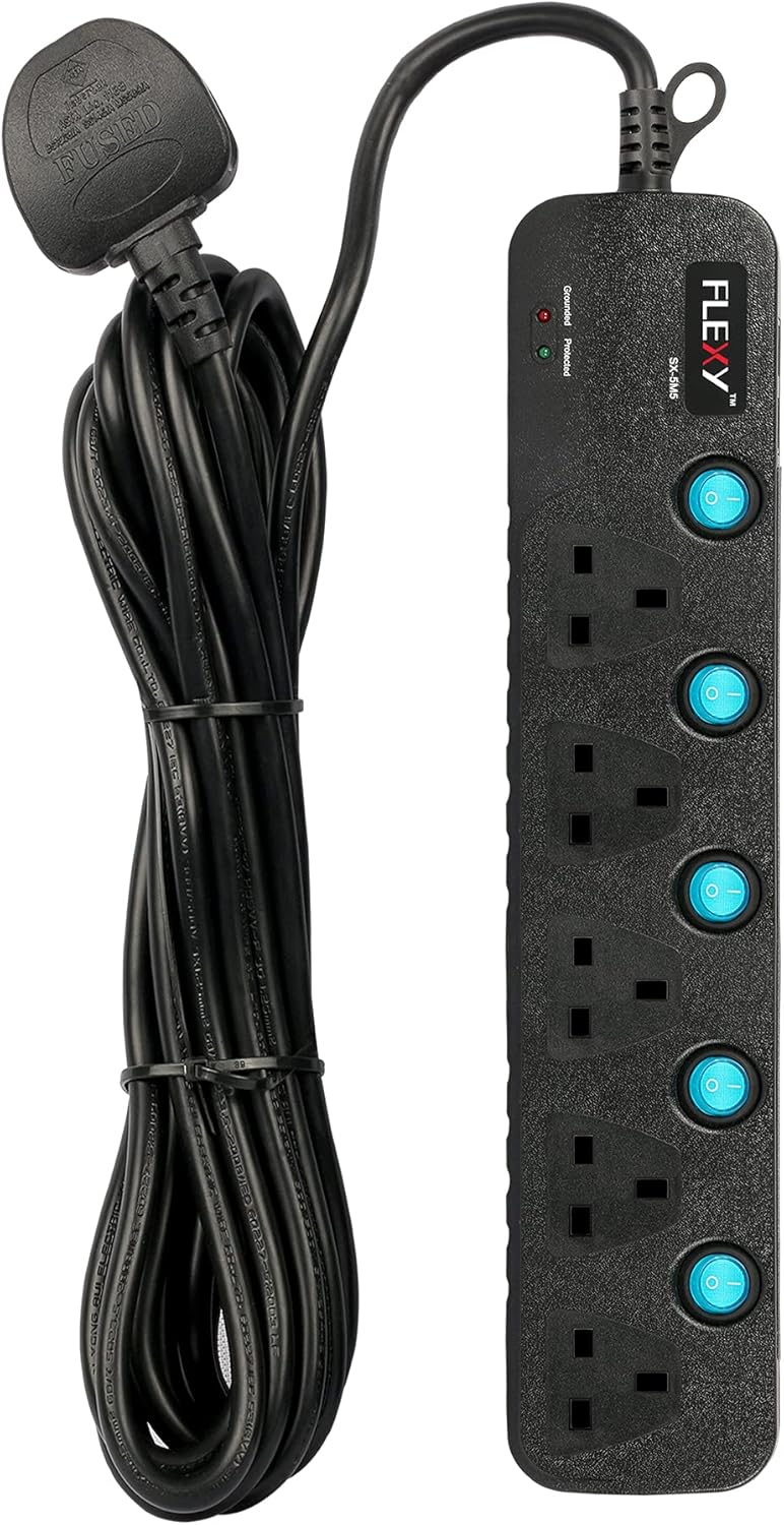 FLEXY® Germany 5Way Surge Protected Extension Cable With 5 Meters Cord