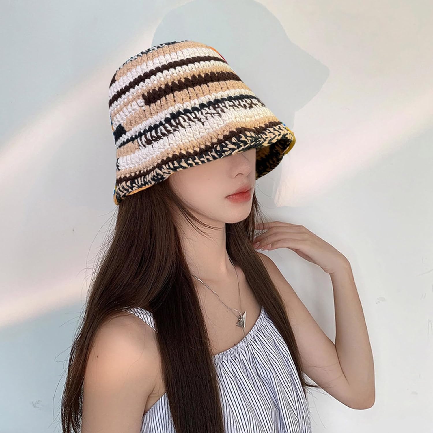 Ladies Crochet Stripe Pattern Fisherman Hat Wide Brims Bucket Windproof Crochet Bucket Hats for Women Blue