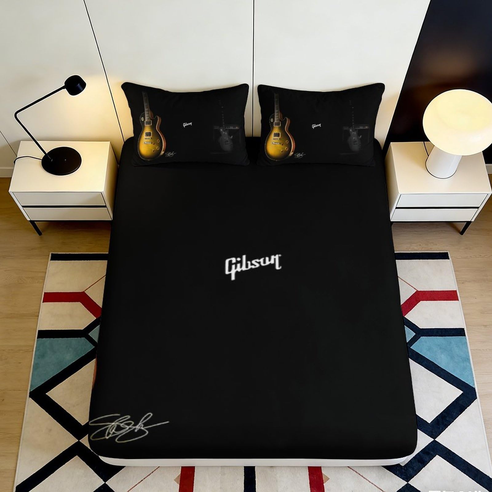 3D Printed Guitar Fitted Sheet Microfiber Deep Pocket Non-Slip Bedroom Bedding Guitar Mattress Fitted Cover for Adults 200x200x25cm
