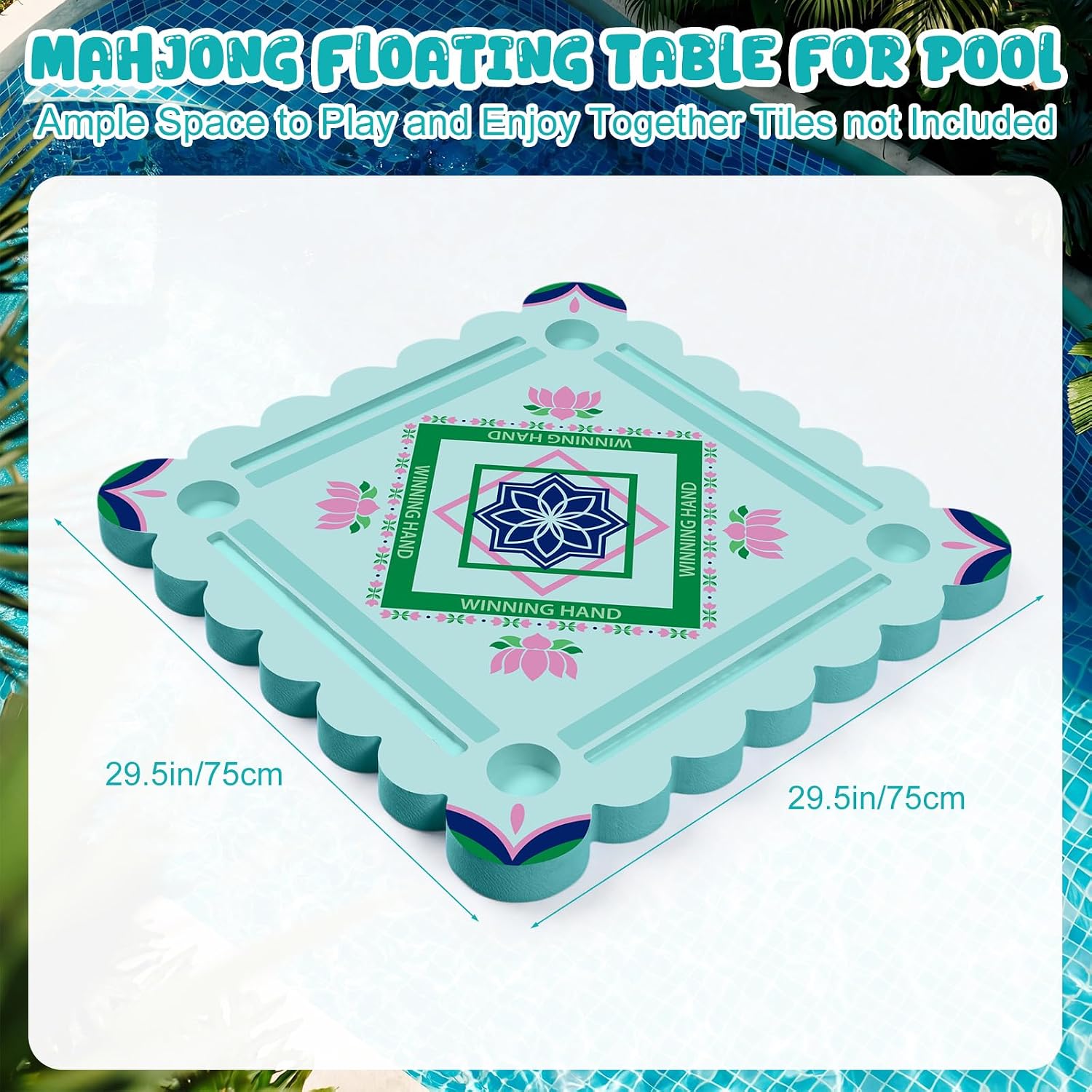 Thenshop Floating Mahjong Table for Pool Floating Game Table for Poker Cards Dominoes Summer Water Game Tray for Hot Tub Lake Beach Party 30 x 30 Inch(Lotus)