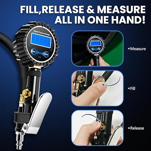 Miniatura 2 de Medidor digital de neumáticos con inflador y deflador, pantalla LED y resolución de 0.1 PSI, válvula de liberación rápida y mandril resistente, con