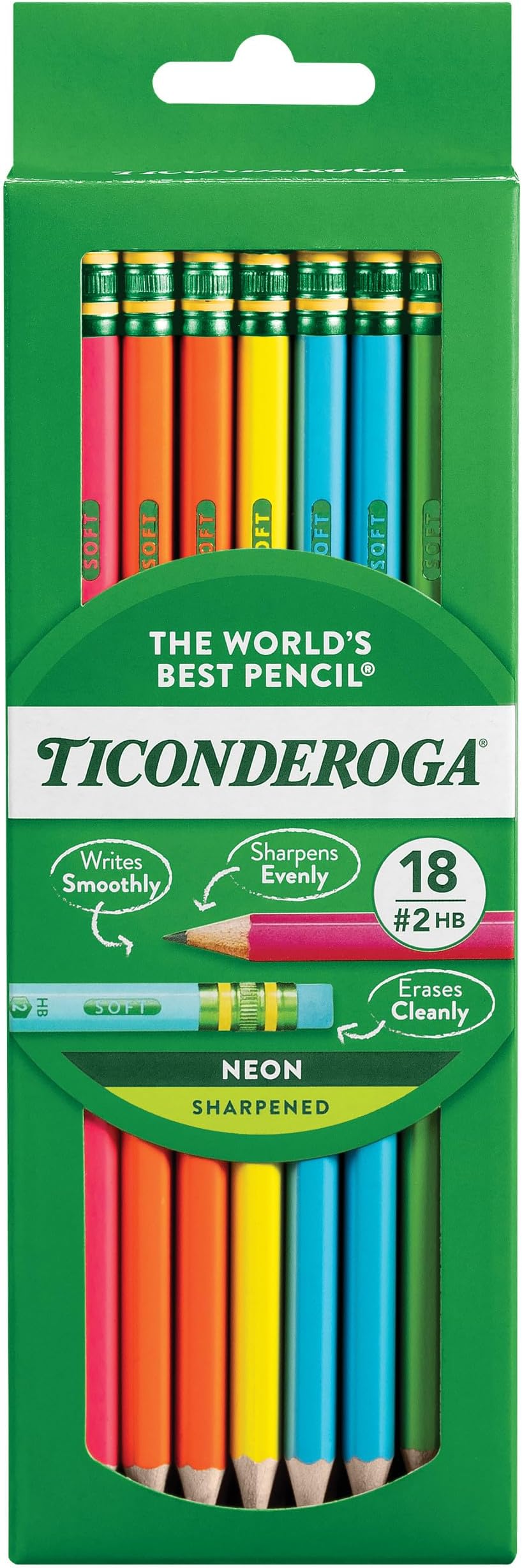 Ticonderoga Neon Pencils, #2 Pre-Sharpened Wood Pencils with Erasers, 18-Count, 13018