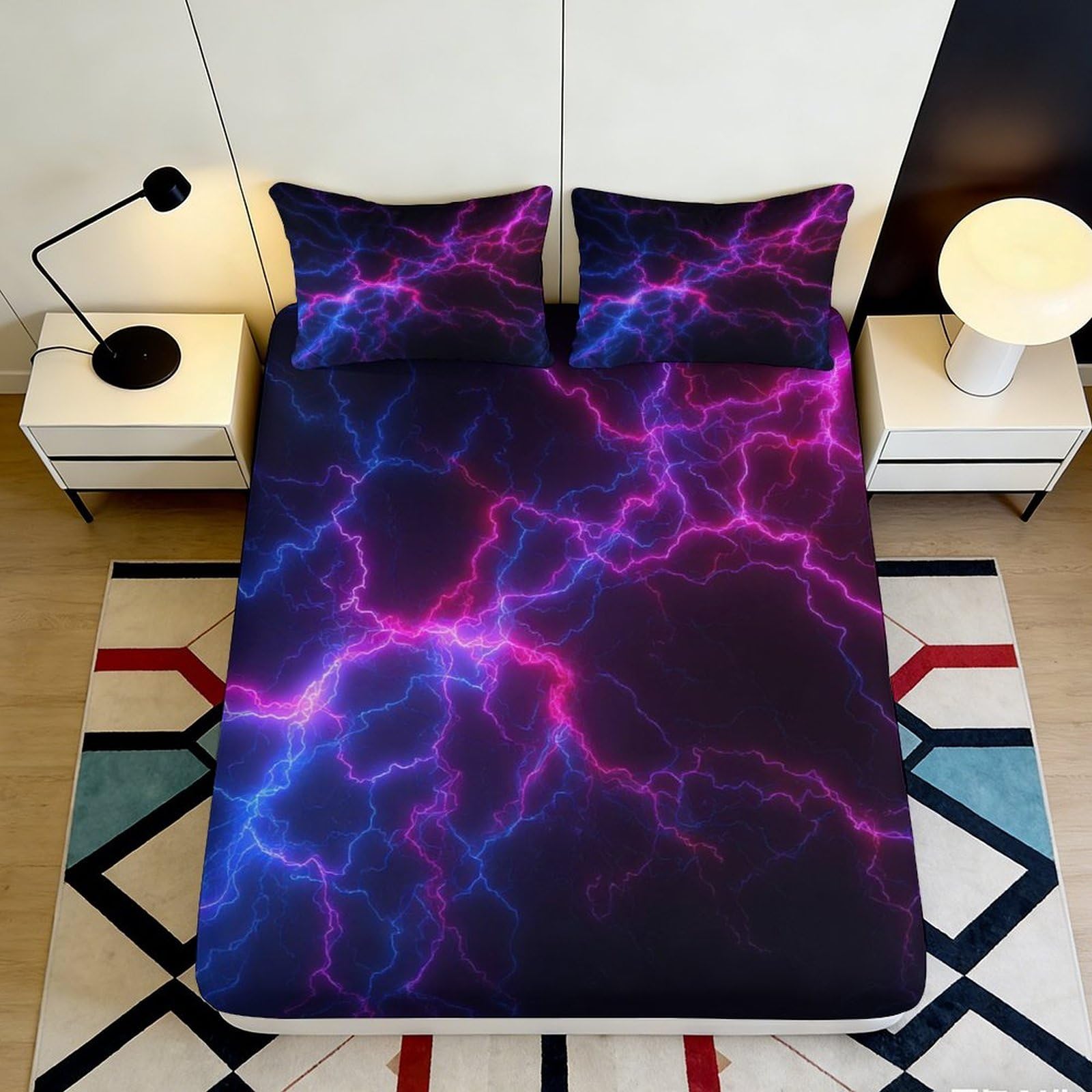 3D Printed Lightning Fitted Sheet Microfiber Deep Pocket Non-Slip Lightning Mattress Fitted Cover Washable Bedroom Bedding 90x200x25cm 90x200x25cm