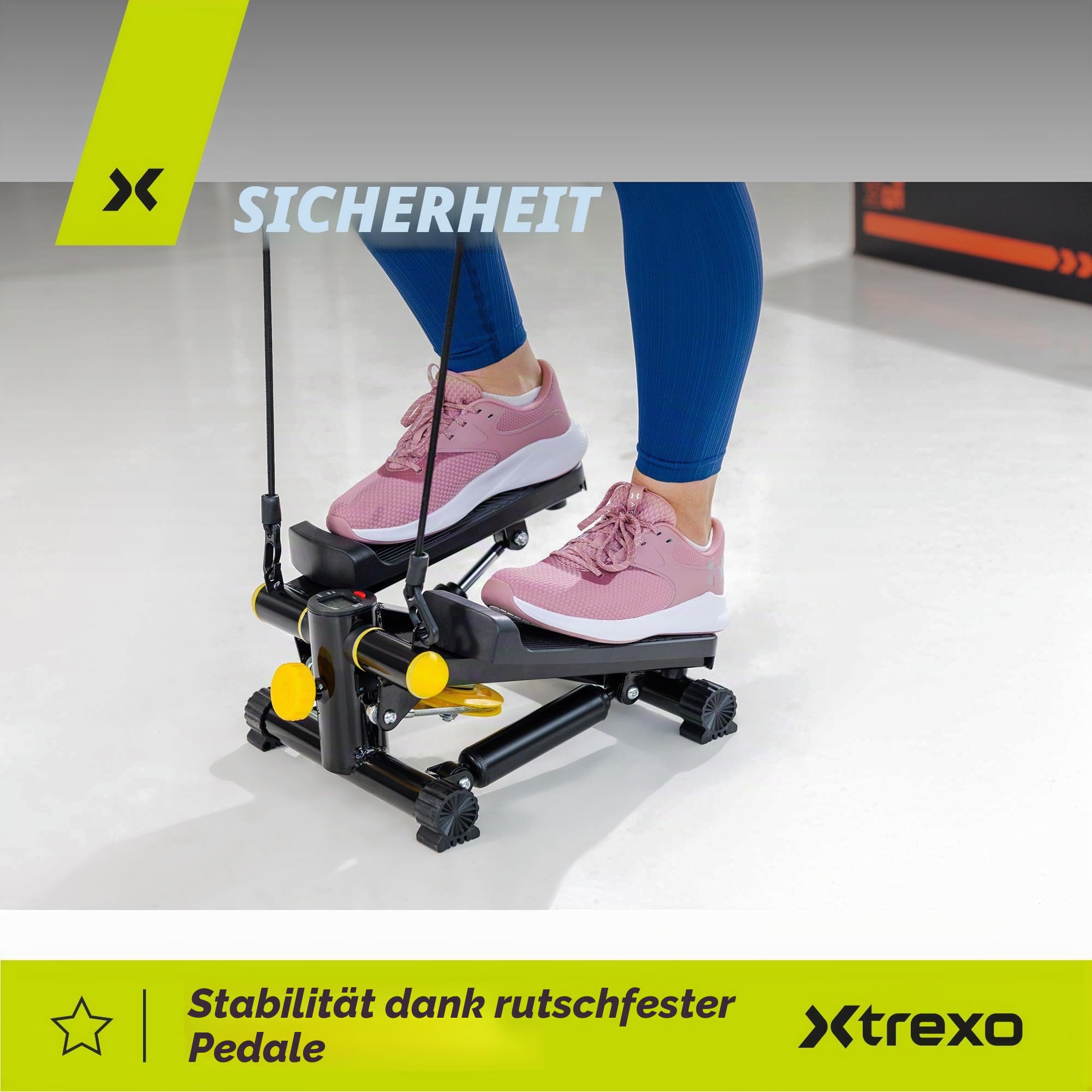 XTREXO Fitness Stepper für Zuhause | Einstellbare Pedalhöhe und Widerstand, Gut ablesbares Display, Hochbelastbare Kabel | Hometrainer bis zu 100 kg für Home Workout, Cardio | Schwarz/Gelb | FS100
