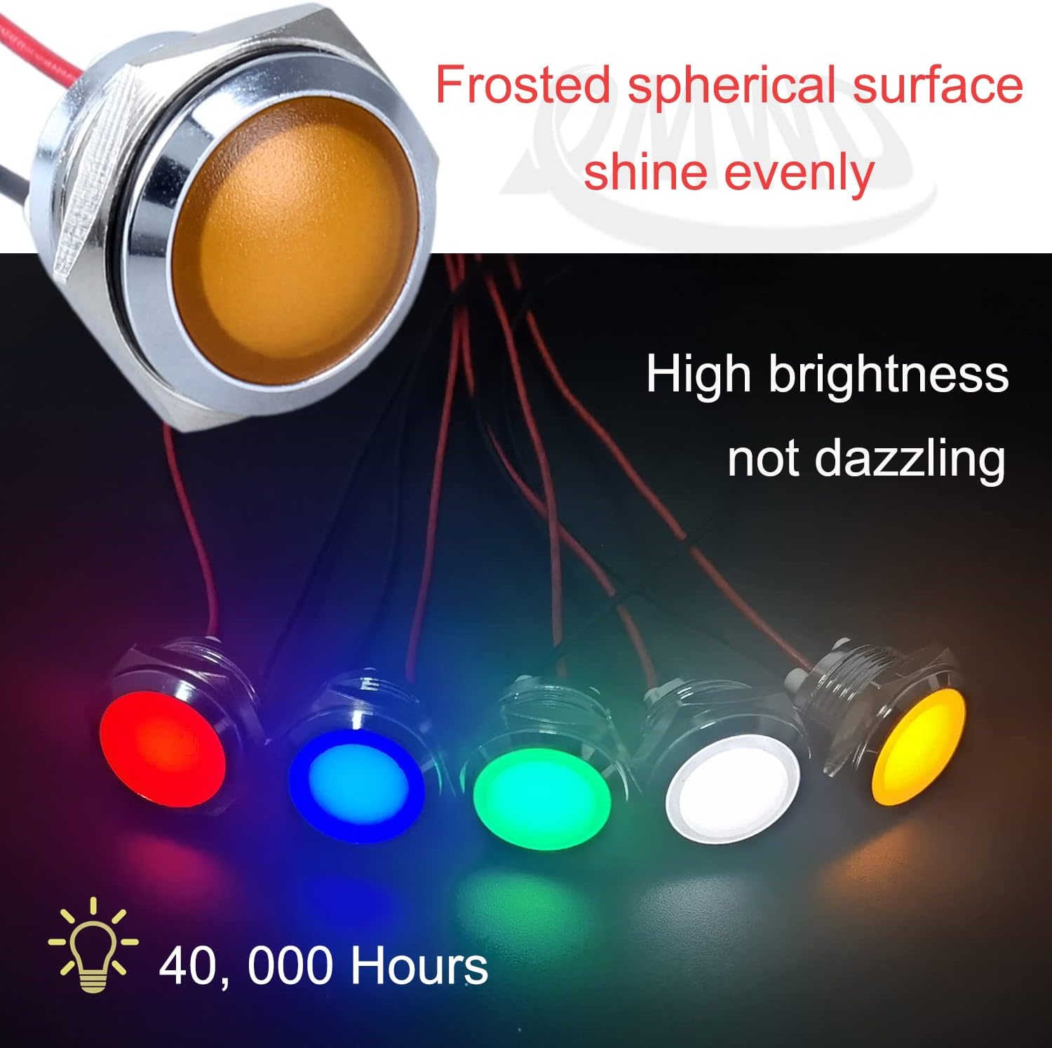 2Pcs 12mm 12V-24V 20mA Metal Energy Saving LED Indicator Light Spherical Round Signal Lamp 0.47" Mounting Hole Waterproof with 15cm/5.91in. Wire for Car Truck Boat Yellow LED image 4
