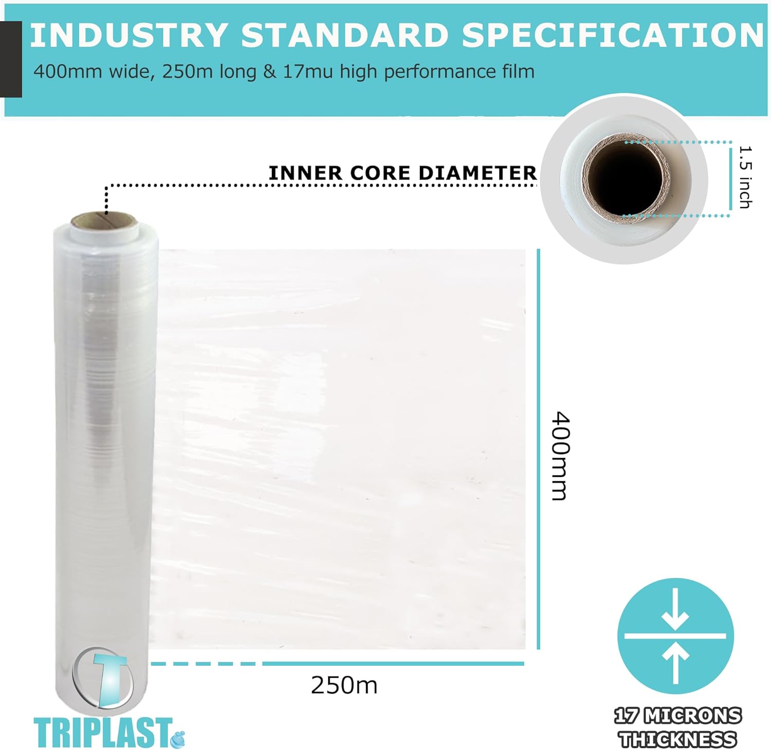 Triplast Pallet Stretch Wrap Roll (400mm x 250m) - Pick Qty & Colour - Heavy Duty Plastic Luggage Shrink Wrap & Strong Industrial Cling Film for Removals & Warehouse Packaging Use (Clear, 1 Roll)