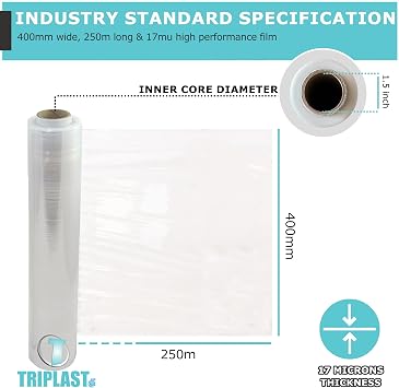 Triplast Pallet Stretch Wrap Roll (400mm x 250m) - Pick Qty & Colour - Heavy Duty Plastic Luggage Shrink Wrap & Strong Industrial Cling Film for Removals & Warehouse Packaging Use (Clear, 1 Roll)