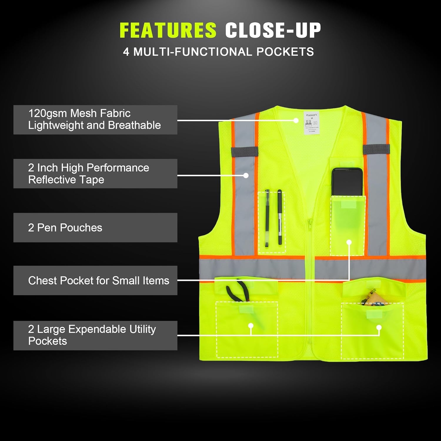ProtectX Safety Vest for Men Women ANSI Class 2 High Visibility Mesh Reflective Construction Vest with 4 Pockets - Image 5