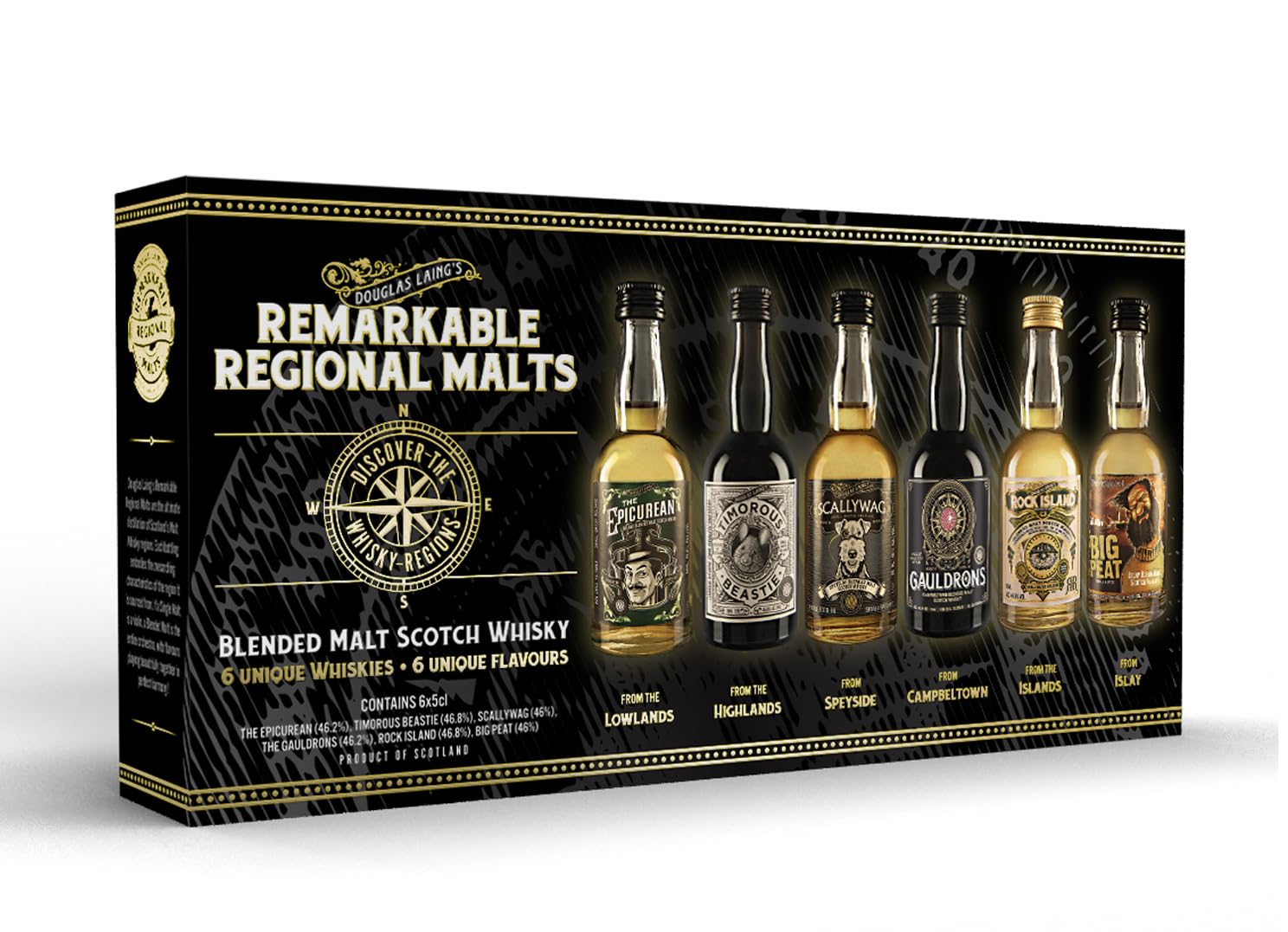 Regional Malts Miniature Set | Malt Scotch Whisky Tastingset |Rundreise durch Schottland's Whiskyregionen | Big Peat , Scallywag, Rock Island,The Gauldrons,Timorous Beastie,The Epicurean|6*0,05 Liter