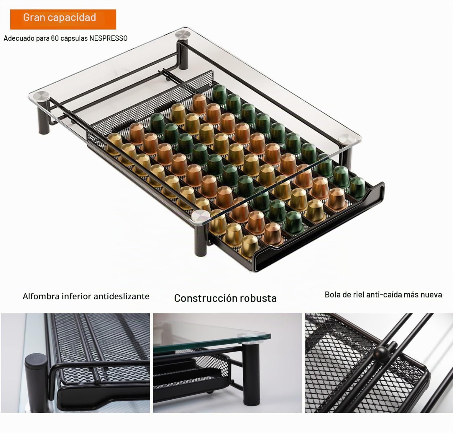 Cajón de almacenamiento de cápsulas de café de vidrio templado compatible con cápsulas Nespresso, organizador con capacidad para 60 cápsulas de línea original, organizador de cocina