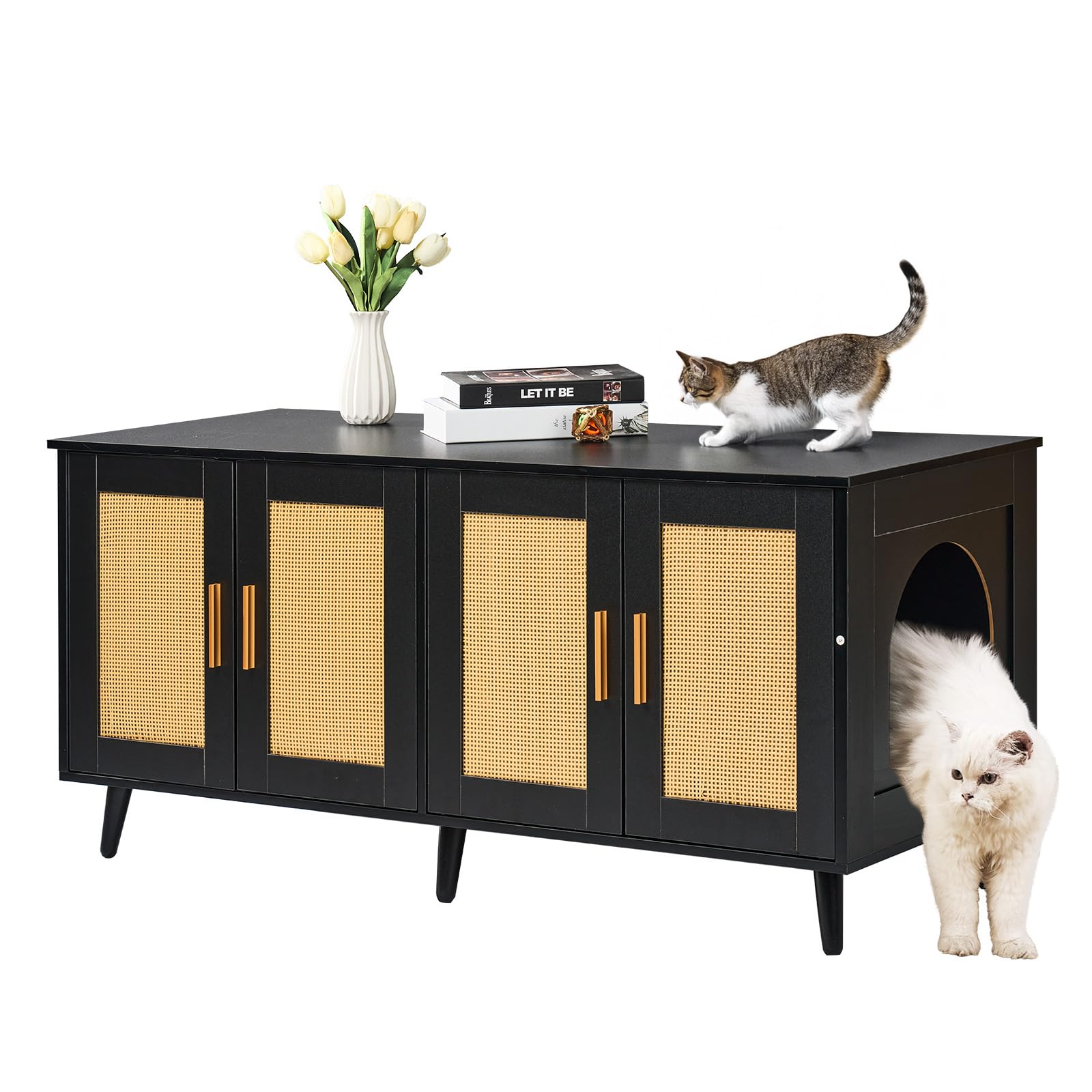 VEVOR Cat Litter Enclosure for 2 Cats, Hidden with Rattan Decorated Doors, Wooden Cat Cabinet Fit Most Litter Box, 47.2"L x 19.7"W x 21.7"H, Black