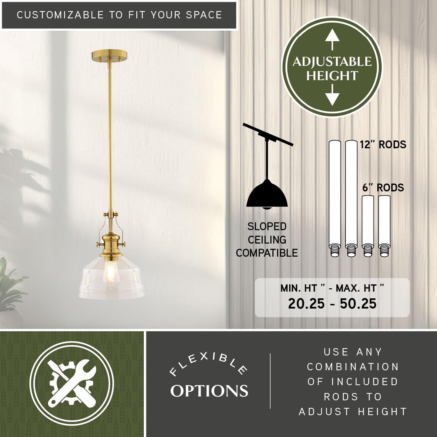 VAXCEL Beloit Brushed Gold Farmhouse Mini Pendant Ceiling Light with Clear Glass Shade, Adjustable Height Fixture Perfect for Kitchen Islands, Dining Rooms, or Living Spaces, LED Compatible, Dimmable