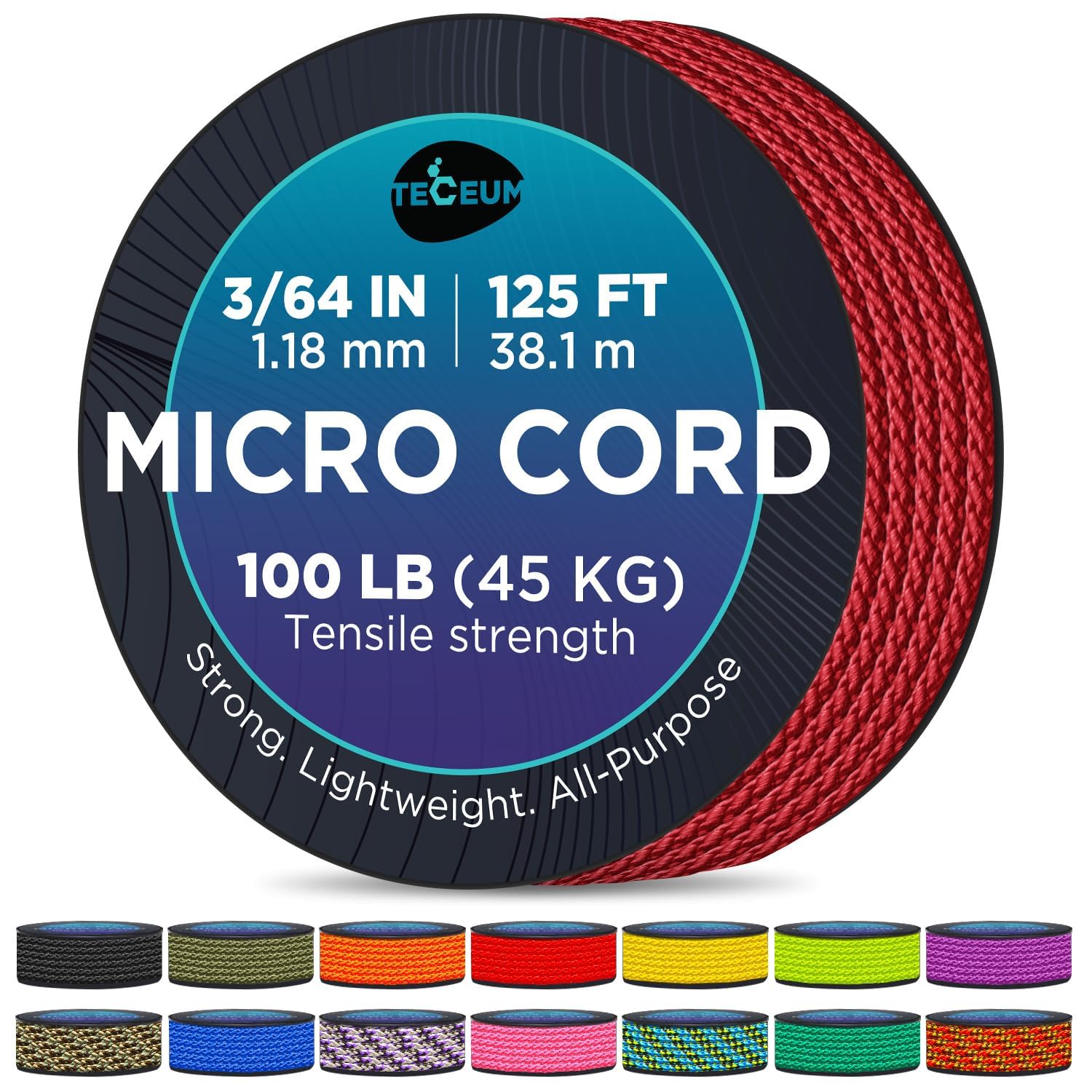 MICRO PARACORD: 1.18 mm thick. Color: Crimson. Length - 38.1 m. Tensile Strength: 45.35 kg (100 LB). Thin, lightweight and strong. Comes on a compact & convenient spool (77.98 mm x 77.98 mm). โ image 1