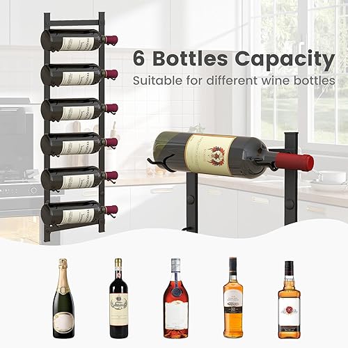 Miniatura 3 de GOFLAME Estante para vino montado en la pared, estante colgante para 6 botellas, soporte de vino de metal inoxidable para pared, organizador de