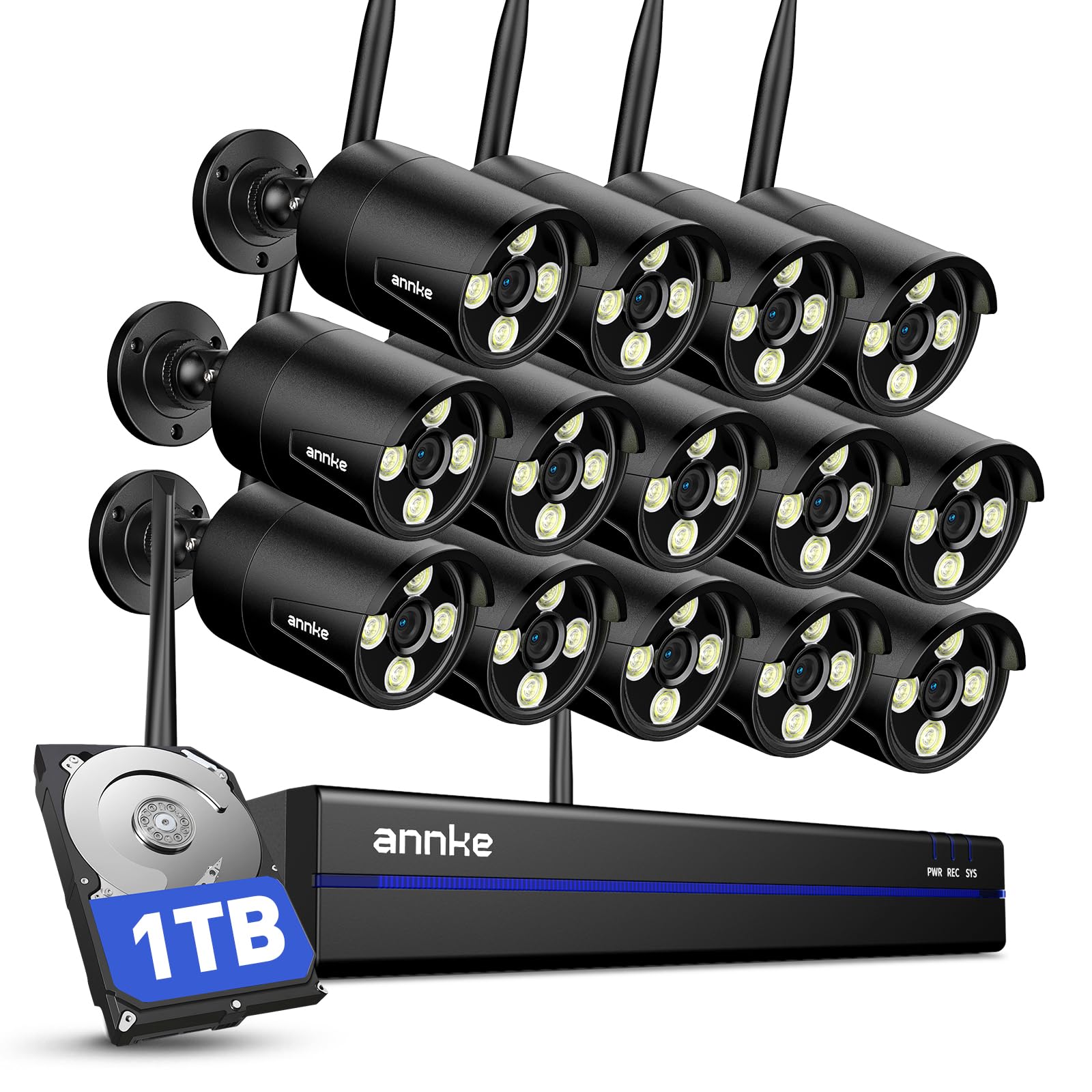 ANNKE Wireless Security Camera System-16CH Expandable 4K Security NVR, 14Pcs 2K Outdoor Cameras, 2-Way Voice, Motion Alert, Weatherproof, Mobile App-Controlled for Indoor/Outdoor Use, 1TB