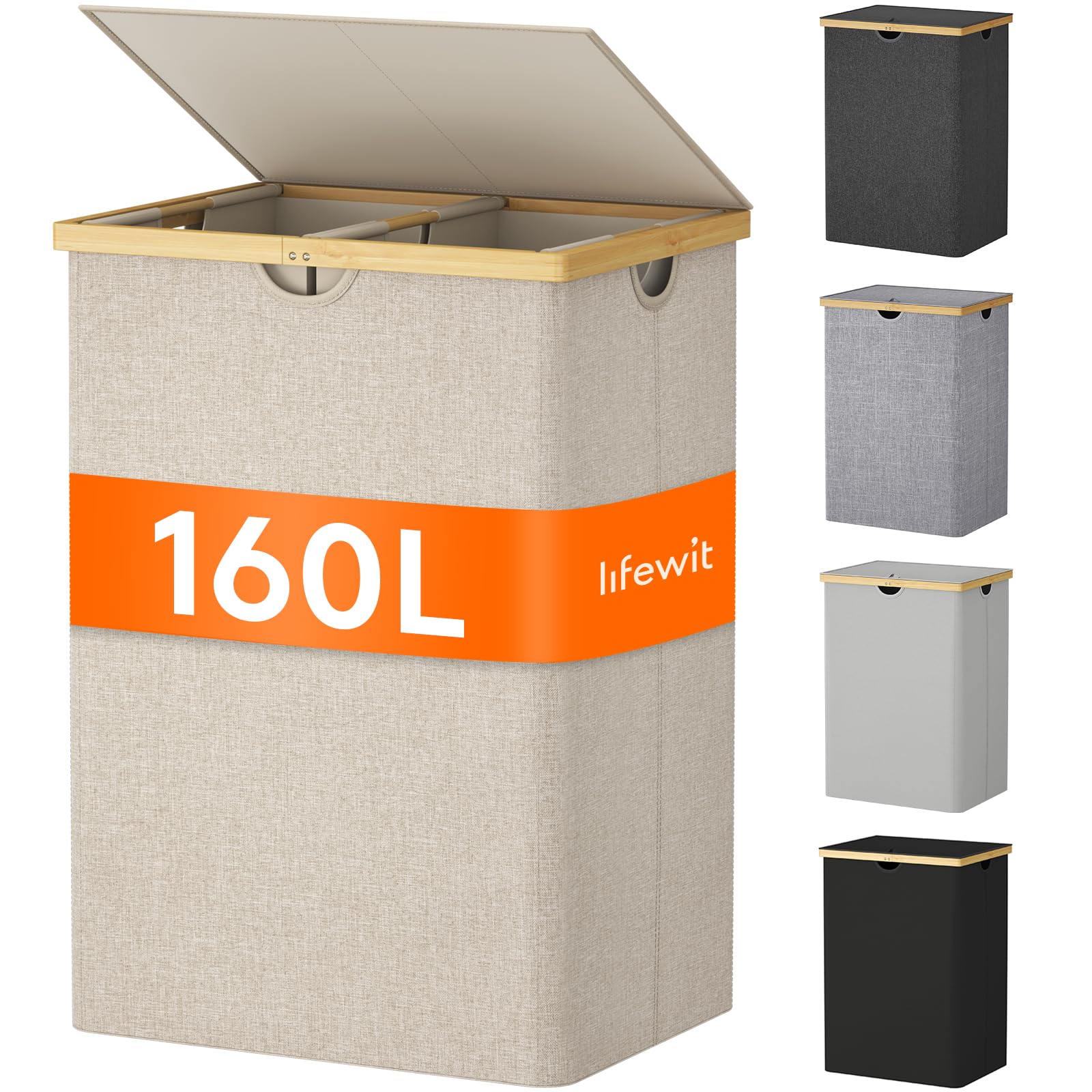 Lifewit 160L Bambus Wäschekorb mit Deckel, Faltbar Wäschesammler 2 Fächer Wäschesortierer mit Abnehmbarem Wäschesack Bambus Griffen Wäschebox Laundry Baskets für Waschküche, Schlafzimmer, Beige