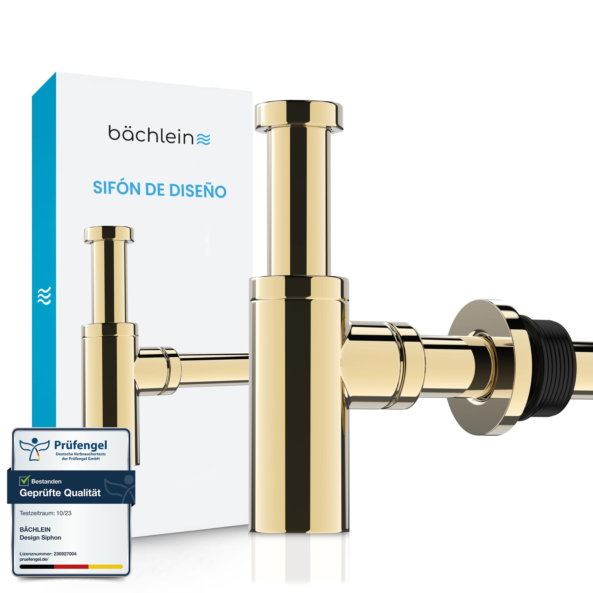 Bächlein Sifón Universal de Diseño Dorado para Lavabos y Lavamanos - Set de Desagüe - Trampa con Abertura de Limpieza + Instrucciones de Instalación - Sifón de Diseño, Sifón de Tubería