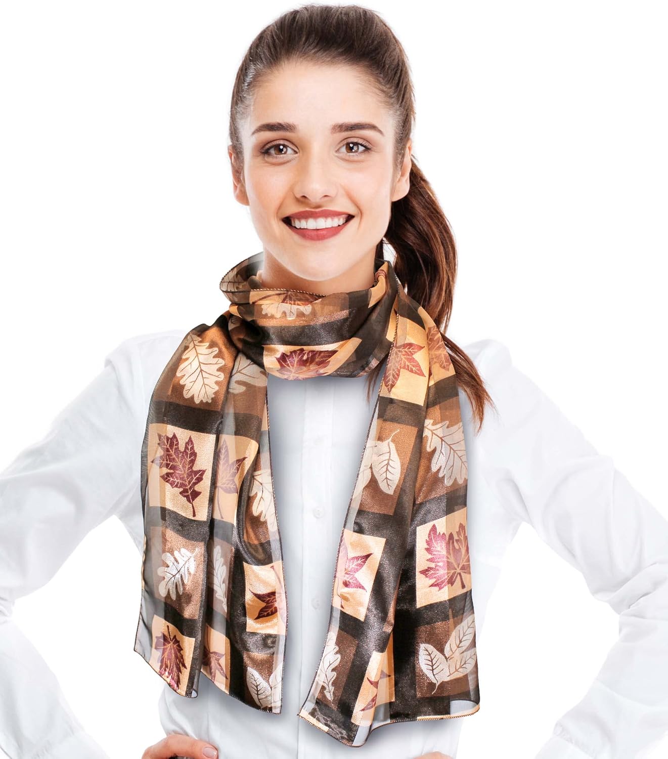 CBC Crown Autumn Fall Leaves Leaf Pattern Silky Feel Scarf 13"x60"