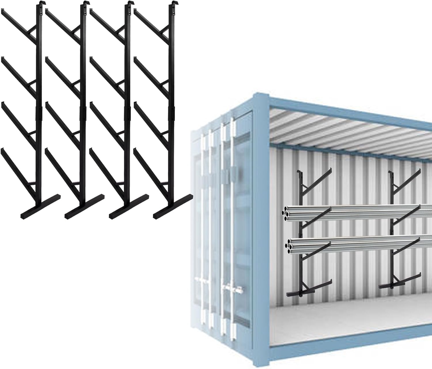 biosp 4 Pack of 4-Tier Shipping Container Shelving Brackets, Hang and Hook Steel Pipe Rack, Metal Wall-Mount Cargo Shelf, Black Powder Coated, Industrial Style, 4 Shelves, 19" L x 64-1/6"H