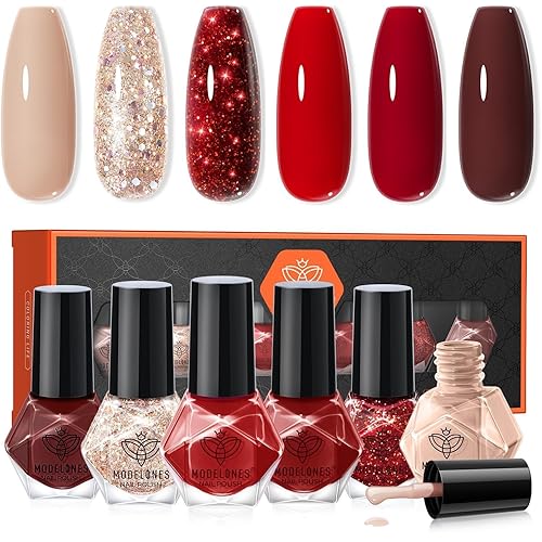 modelones Red Nail Polish Set 6 Colors, Nude Gold Burgundy Glitter Quick Dry Sparkle Mini Manicure Kit DIY Nail Art Salon Home Christmas Gifts for Women Girls
