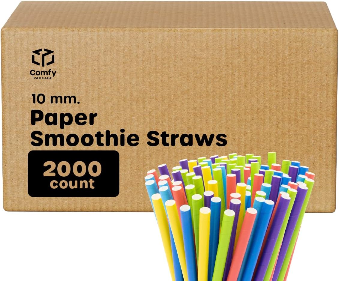 Comfy Package [Case of 2,000] Jumbo Paper Smoothie Straws - 100% Biodegradable Boba Straws, Disposable for Milkshakes - Assorted Colors